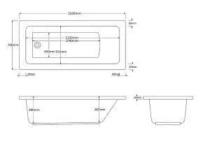 SunDaze 1500 x 700mm Gloss White Acrylic Rectangular Straight Bath Tub Single Ended