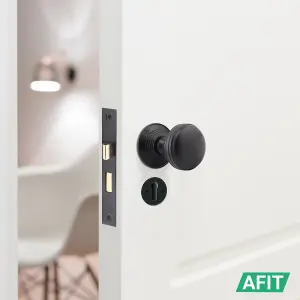 AFIT Lined Key Lock Door Knob Set Matt Black - 1 Pair of Mortice Knobs (55mm), Sash Lock (80mm) & Hinges (76mm) for Internal Doors