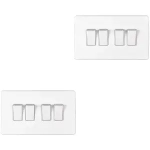 2 PACK 4 Gang Quad Light Switch SCREWLESS MATT WHITE 2 Way 10A Slim Rocker