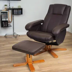 EVRE Faux Leather Armchair With Foot Stool & Reclining Functions Swivel Padded - Brown, Living Room Armchairs or Reading Chair