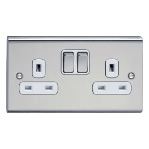 Deta SD1209SSW Switch Socket Outlet 13 Amp - 2 Gang (Stainless Steel / White Inserts)