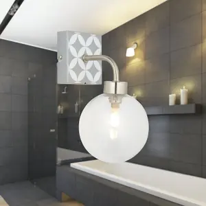 First Choice Lighting Set of 2 Geo Tile Brushed Chrome with Clear Glass Globe IP44 Bathroom Wall Lights