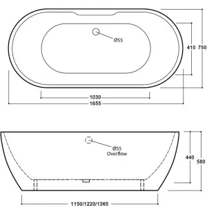 Luxury 1655mm White Modern Freestanding Bath