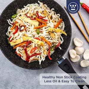 Westinghouse Wok Non Stick - 30cm Induction Wok Pan With Lid - Black Marble