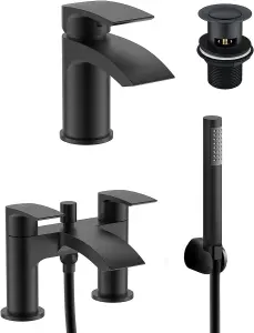 Bathroom Luxury Matt Black Bath Shower Mixer Tap And Basin Tap Inc Waste