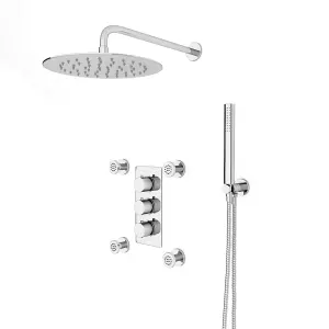 Flora Round 3 Way Concealed Thermostatic Shower Mixer Valve,Head, Handset, Body Jets Chrome