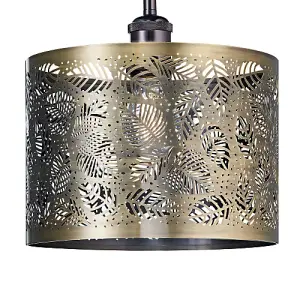 Contemporary Antique Brass Metal Pendant Light Shade with Fern Leaf Decoration