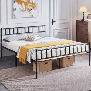 Minimalist Metal Bed Frame with Slatted Headboard Black / Kingsize (5')