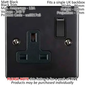 5 PACK 1 Gang Single UK Plug Socket MATT BLACK 13A Switched Power Outlet