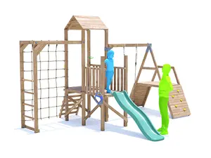 Dunster House Wooden Climbing Frame with Swing, Climbing Wall, Monkey Bars, Cargo Net & Slide BalconyFort High Platform