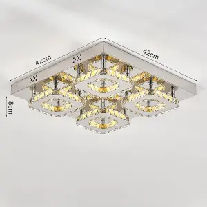 Square Large Glamourous Crystal Chrome effect LED Ceiling Light Fixture 42x42 cm, Dimmable