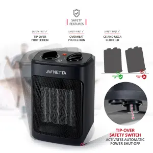 NETTA 2000W Ceramic Fan Heater 3 Heat Settings Overheat Protection - Black