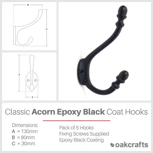 Oakcrafts - Acorn Design Coat Hook in Epoxy Black Finish - 130mm - Pack of 5 Hooks