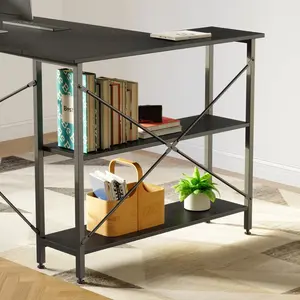 L-Shaped Desk (120 or 140cm x 90cm) Corner Desk with Adjustable Shelves by Aliff Black / 74cm H x 120cm W x 90cm D