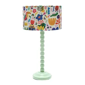 Sage Green Bobbin Stem Table Lamp with Jungle Drum Shade for Living Room Bedroom