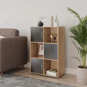 URBNLIVING 91cm Height 6 Cube Bookcase Oak Wood Black Door Metal Handle Display Storage Shelf