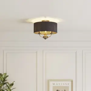 GoodHome Round Satin Fabric & metal Navy Antique brass effect 3 Lamp LED Ceiling light