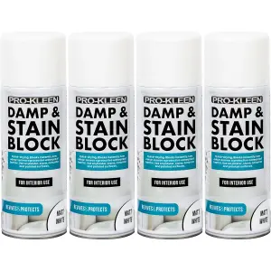 Pro-Kleen Damp & Stain Block Spray Primer - Covers Damp, Mould, Grease & Rust Stains 500ml x4