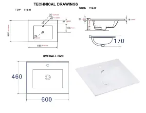 600 Vanity Unit Sink Wall Cabinet with Basin & Compact Drawers White Gloss Oak Arub