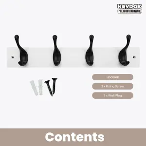 keypak 4 Matte Black Coat Hooks on White Wooden Board - 46cm Modern Wall Mounted Coat Rack Clothes Hanger