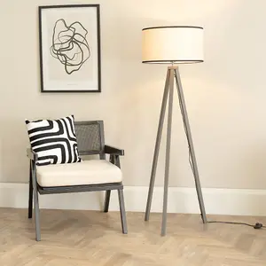 ValueLights Barbro Grey Wood Tripod Floor Lamp with Natural Linen with Black Trim Drum Shade and LED Bulb