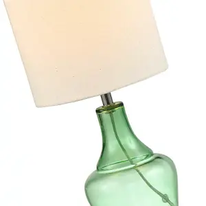 Modern Emerald Green Glass Lamp with Natural Linen Fabric Shade and Clear Cable