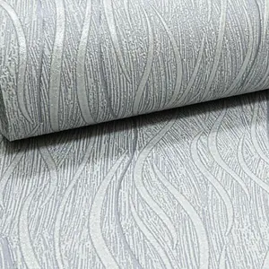 Plain Metallic Glitter Silver Grey Wave Stripe Wallpaper Textured Vinyl Thick