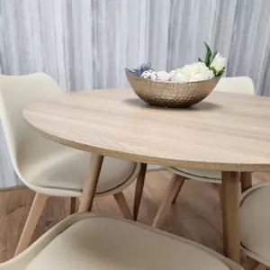 Round Oak Effect Kitchen Dining Table With 4 Cream Tulip Chairs Table Set