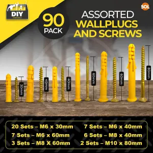 90pk Assorted Screws and Wall Plugs Set, 30/40/60/80mm Wall Plugs and Screws M6/M8/M10, Wall Screws and Plugs, Screw Set and Wall