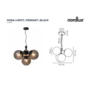 Nordlux Ivona 4-Spot Indoor Living Dining Glass Pendant Ceiling Light in Black (Diam) 20cm