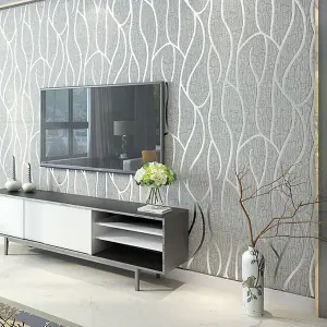 Geometric 3D Striped Patterned Non Woven Embossed Grey Wallpaper