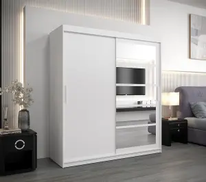 Modern White Roma I Sliding Door Wardrobe W1800mm H2000mm D620mm Mirrored Vertical Handles Sleek Storage Solution