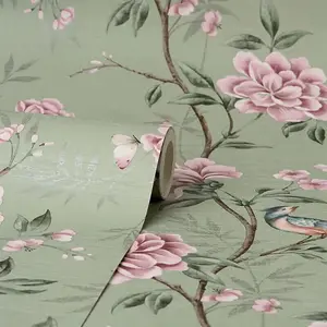 Crown Akina Floral Sage Green Leaf Textured Songbird Wallpaper M1724