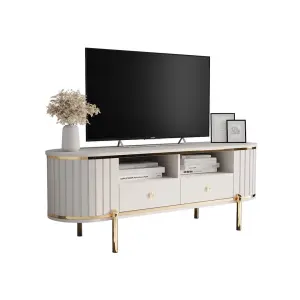 New York 151cm Television Stand in Crisp White - Elegant Media Unit with Textured Drawer Fronts and Metal Accents