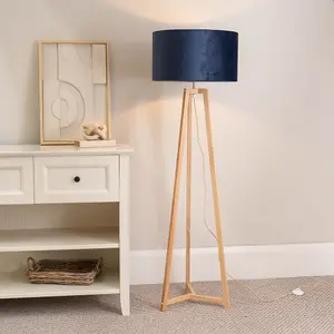 ValueLights Lottie Natural Wood Tripod Floor Lamp with Navy Blue Velvet Drum Shade - LED Bulb Included