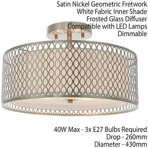 Low Ceiling Geometric Light Satin Nickel Glass & Fabric Round Modern Lamp Shade