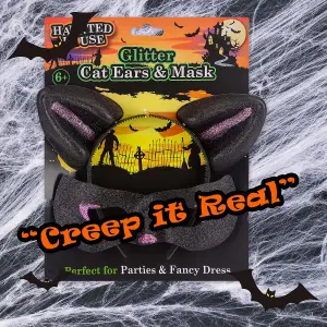 Halloween Cats Ears & Mask Set Halloween Party, Trick or Treat  Black Glitter