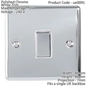 1 Gang Single Light Switch POLISHED CHROME 2 Way 10A White Trim & Metal Rocker