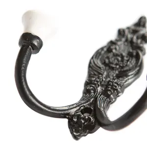 Hammer & Tongs - Ornate Double White Ceramic Coat Hook - W100mm x H115mm - Black