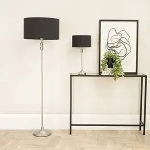 ValueLights Maggie Brushed Chrome Candlestick Slim Table Lamp with Charcoal Fabric Drum Lamp Shade