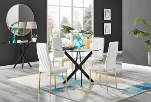 Furniturebox UK Novara Black Leg Round Glass Dining Table & 4 Cream Velvet Milan Gold Leg Chairs