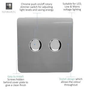 Trendi Switch 2 Gang 1 or 2 way 150w Rotary LED Dimmer Light Switch in Light Grey