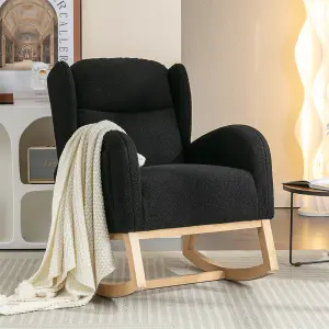 Modern Teddy Fabric Upholstered Rocking Chair Wingback Padded Seat For Living Room Bedroom, Black 