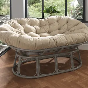 Papasan Sofa Indoor in Grey with Boucle Latte Cushion Adjustable Frame