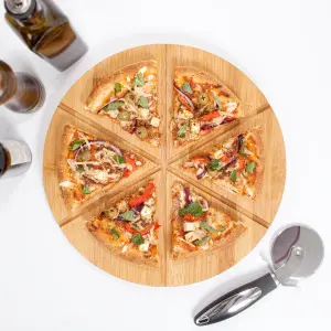 Woodluv Bamboo Pizza Cake Serving Cutting Platter Board, 13" (30cm) 6 sections Wooden Snack Canape Platter