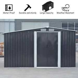 10 x 8 ft Waterproof Outdoor Metal Shed Garden Storage Tool Shed Apex Roof Double Door with Log Storage Store,Black