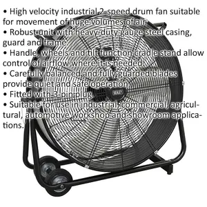 24" Industrial High Velocity Drum Fan - 2 Speed Settings - Wheeled Tilting Stand