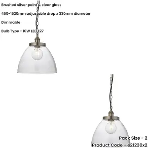 2 PACK Hanging Ceiling Pendant Light - Brushed Silver Paint & Clear Glass - 10W LED E27