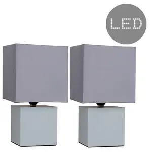 ValueLights Cubbie Pair of Grey Modern Cube Touch Dimmer Bedside Table Lamps with Grey Shades