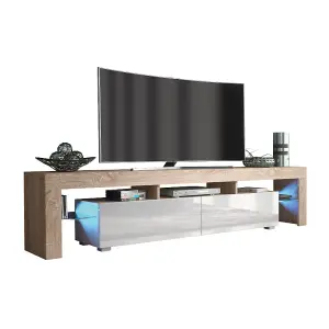 TV Unit 200cm Sideboard Cabinet Cupboard TV Stand Living Room High Gloss Doors - Oak & White